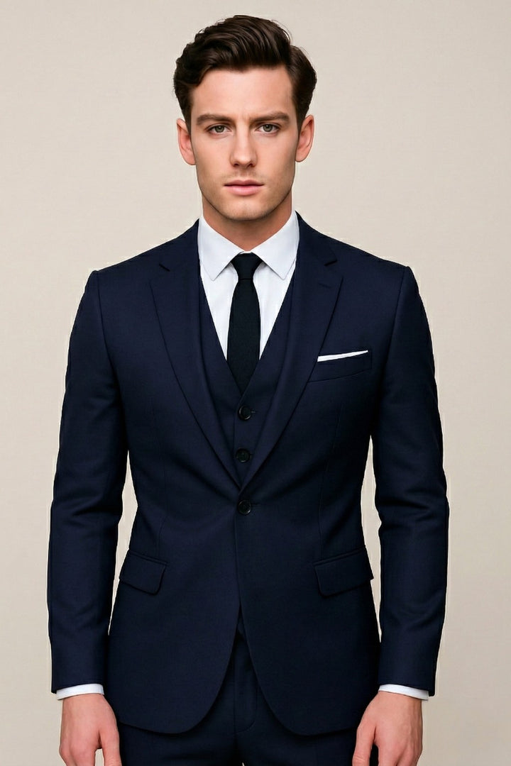 Mitchell | Men's Tailored Three-Piece Suit, Slim Fit Formal Suit | The Shrader Sisters | Navy Blue