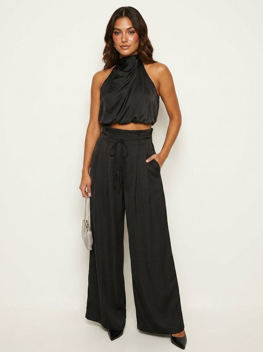 Monique | Women's Satin Halter Neck Two-Piece Set, Wide-Leg Occasion Suit | The Shrader Sisters | Zwart