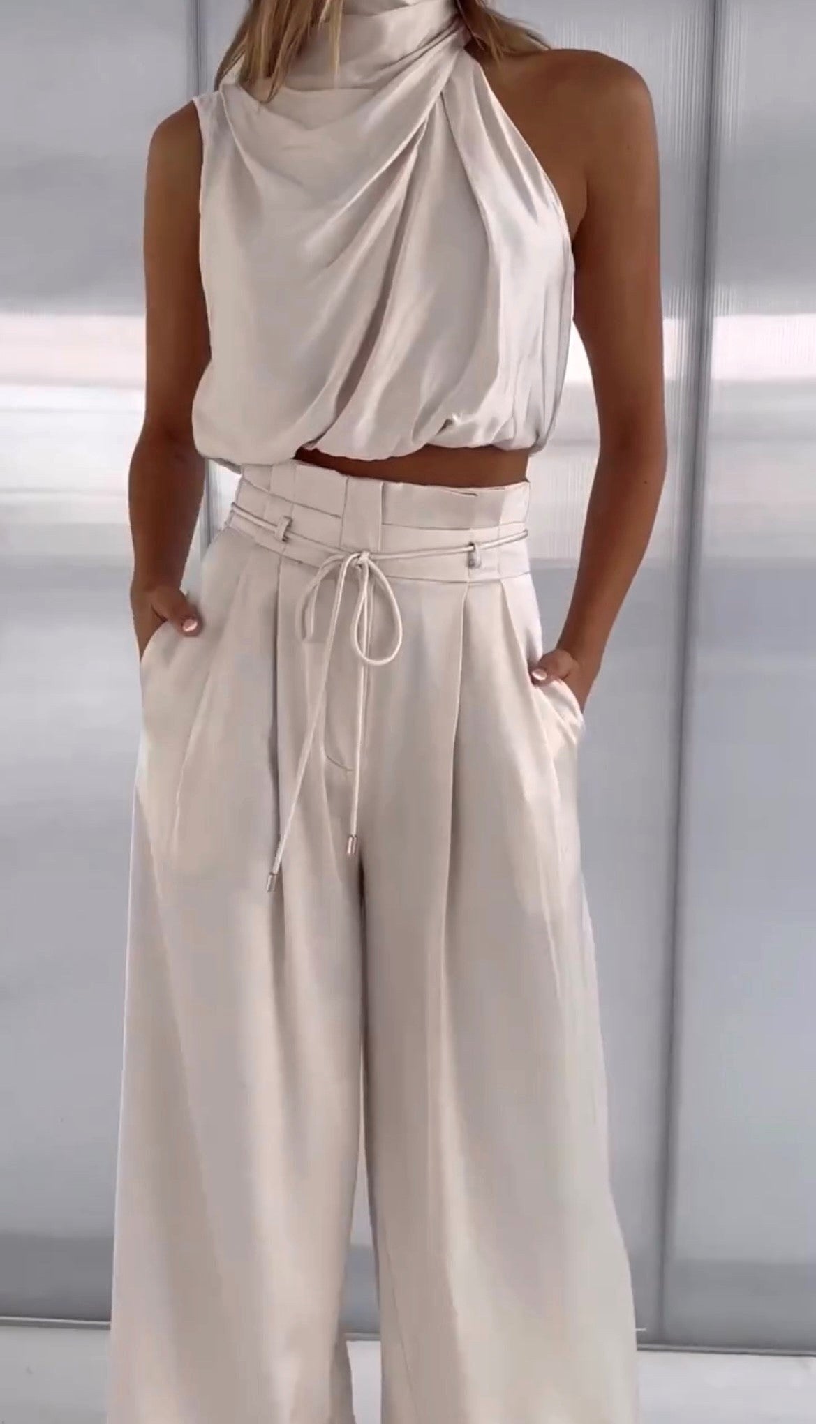 Monique | Women's Satin Halter Neck Two-Piece Set, Wide-Leg Occasion Suit | The Shrader Sisters