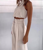 Monique | Women's Satin Halter Neck Two-Piece Set, Wide-Leg Occasion Suit | The Shrader Sisters