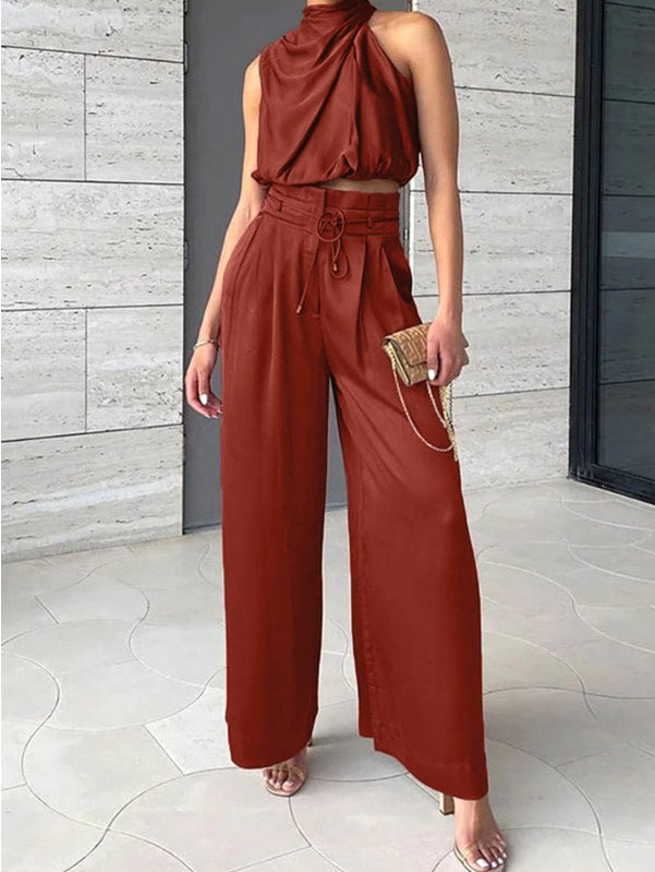 Monique | Women's Satin Halter Neck Two-Piece Set, Wide-Leg Occasion Suit | The Shrader Sisters