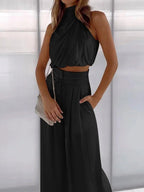 Monique | Women's Satin Halter Neck Two-Piece Set, Wide-Leg Occasion Suit | The Shrader Sisters