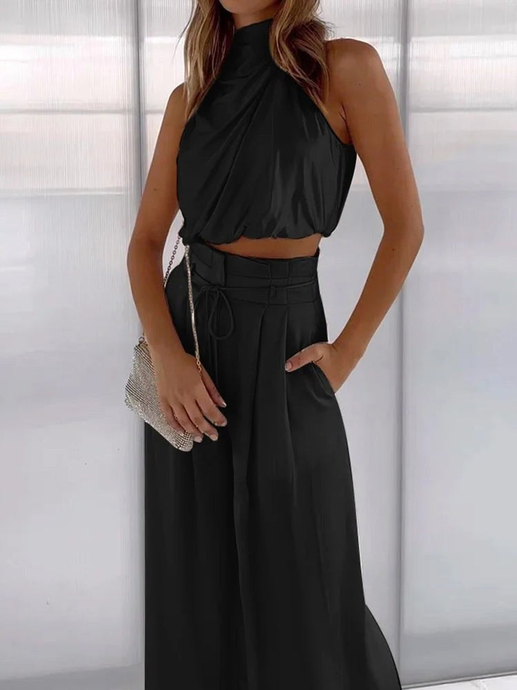 Monique | Women's Satin Halter Neck Two-Piece Set, Wide-Leg Occasion Suit | The Shrader Sisters