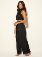 Monique | Women's Satin Halter Neck Two-Piece Set, Wide-Leg Occasion Suit | The Shrader Sisters | Champagne