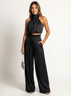 Monique | Women's Satin Halter Neck Two-Piece Set, Wide-Leg Occasion Suit | The Shrader Sisters | Rood