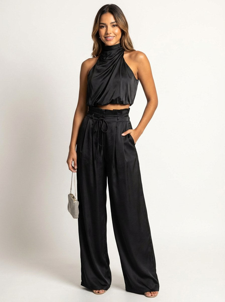 Monique | Women's Satin Halter Neck Two-Piece Set, Wide-Leg Occasion Suit | The Shrader Sisters | Rood