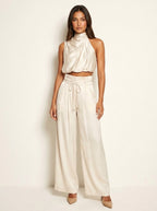 Monique | Women's Satin Halter Neck Two-Piece Set, Wide-Leg Occasion Suit | The Shrader Sisters
