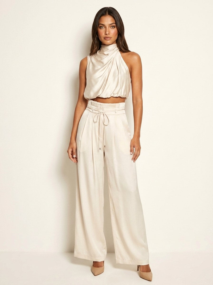 Monique | Women's Satin Halter Neck Two-Piece Set, Wide-Leg Occasion Suit | The Shrader Sisters