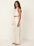 Monique | Women's Satin Halter Neck Two-Piece Set, Wide-Leg Occasion Suit | The Shrader Sisters