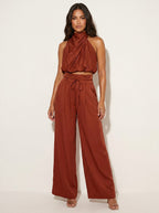 Monique | Women's Satin Halter Neck Two-Piece Set, Wide-Leg Occasion Suit | The Shrader Sisters