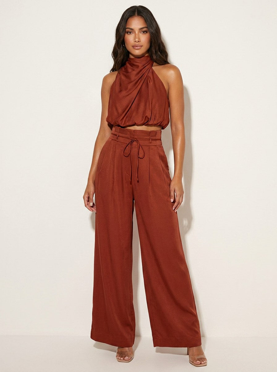 Monique | Women's Satin Halter Neck Two-Piece Set, Wide-Leg Occasion Suit | The Shrader Sisters