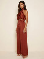 Monique | Women's Satin Halter Neck Two-Piece Set, Wide-Leg Occasion Suit | The Shrader Sisters