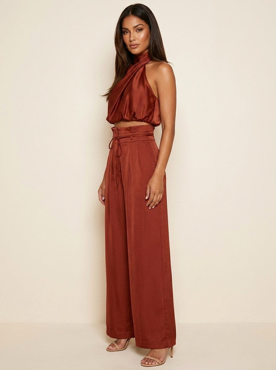 Monique | Women's Satin Halter Neck Two-Piece Set, Wide-Leg Occasion Suit | The Shrader Sisters
