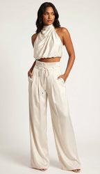 Monique | Women's Satin Halter Neck Two-Piece Set, Wide-Leg Occasion Suit | The Shrader Sisters