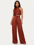 Monique | Women's Satin Halter Neck Two-Piece Set, Wide-Leg Occasion Suit | The Shrader Sisters