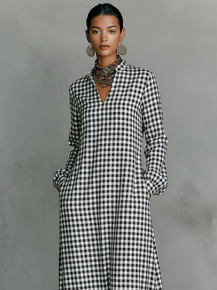 Morgan | Women's Plaid V-Neck Long-Sleeve Maxi Dress - image 2