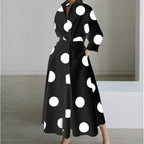 Naomi | Women's Collared Wrap Maxi Dress, Front Wrap Evening Dress | The Shrader Sisters | Black Polka