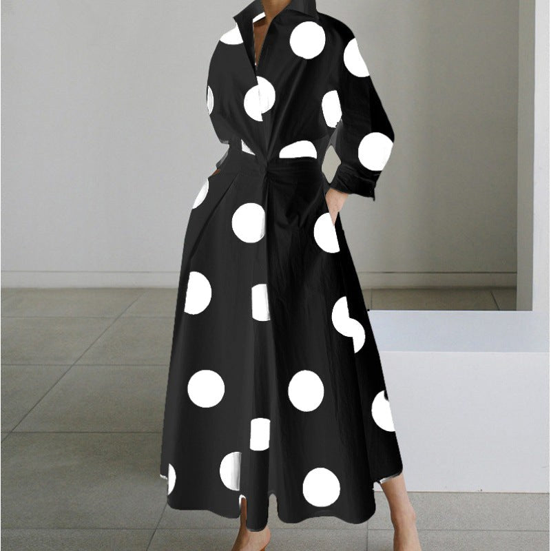 Naomi | Women's Collared Wrap Maxi Dress, Front Wrap Evening Dress | The Shrader Sisters | Black Polka