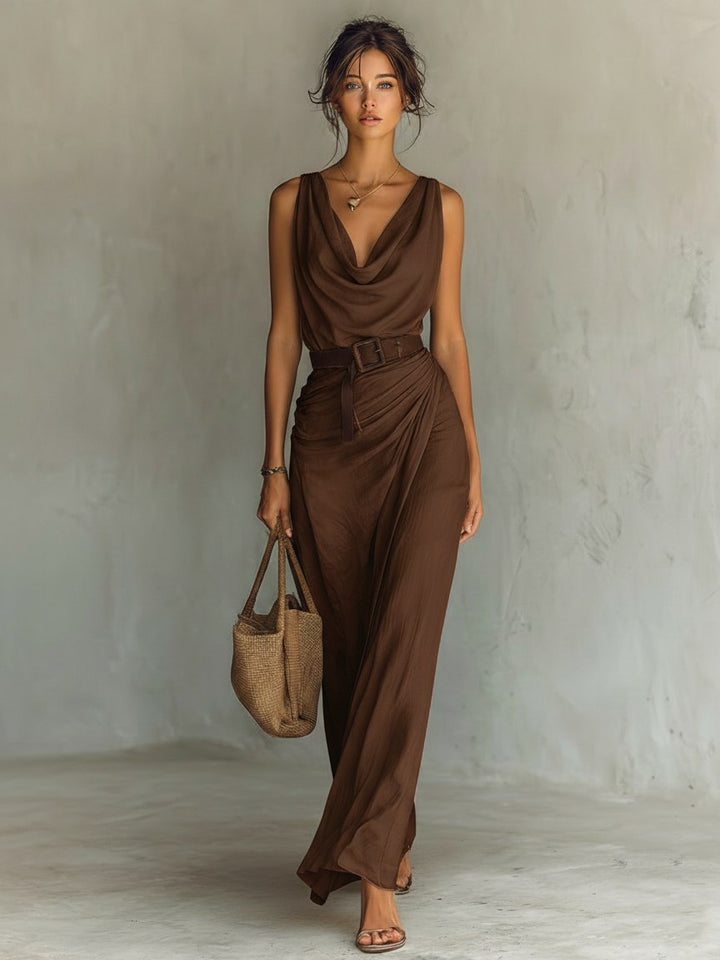 Natalie | Women's Cowl Neck Sleeveless Belted Maxi Dress - image 5