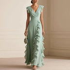 Natalie | Women's Ruffle Trim Maxi Dress, Flattering Summer Dress for Holidays and Everyday Wear, Flattering Summer Dress for Holidays and Everyday Wear - Green
