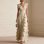 Natalie | Women's Ruffle Trim Maxi Dress, Flattering Summer Dress for Holidays and Everyday Wear, Flattering Summer Dress for Holidays and Everyday Wear - Apricot