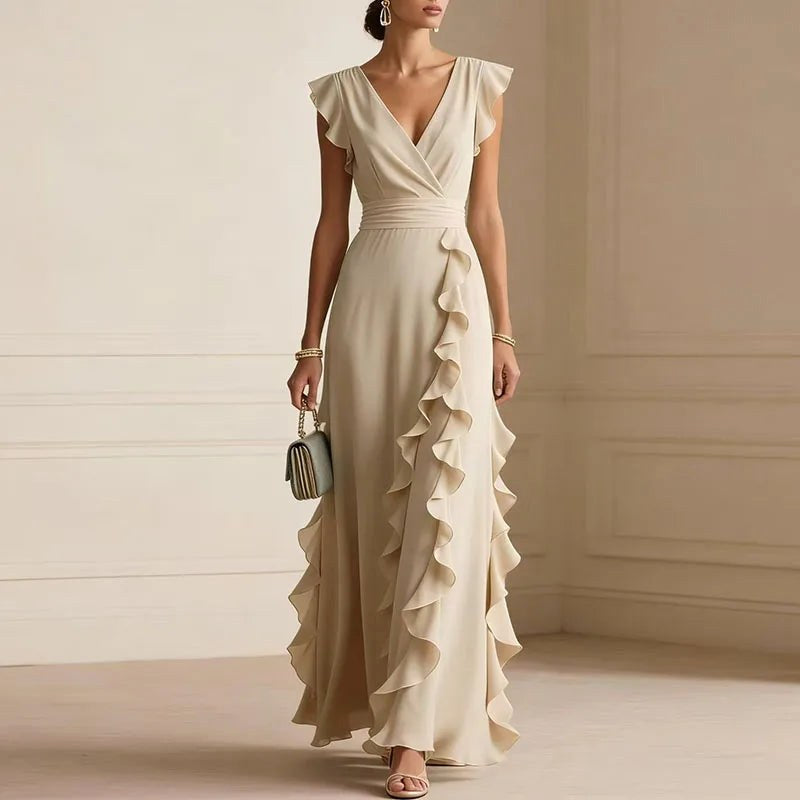 Natalie | Women's Ruffle Trim Maxi Dress, Flattering Summer Dress for Holidays and Everyday Wear, Flattering Summer Dress for Holidays and Everyday Wear - Apricot