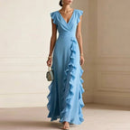 Natalie | Women's Ruffle Trim Maxi Dress, Flattering Summer Dress for Holidays and Everyday Wear, Flattering Summer Dress for Holidays and Everyday Wear - Sky Blue