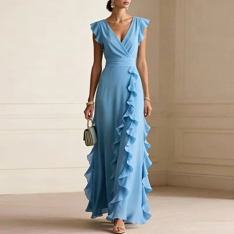Natalie | Women's Ruffle Trim Maxi Dress, Flattering Summer Dress for Holidays and Everyday Wear, Flattering Summer Dress for Holidays and Everyday Wear - Sky Blue