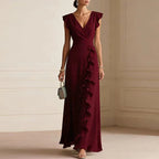 Natalie | Women's Ruffle Trim Maxi Dress, Flattering Summer Dress for Holidays and Everyday Wear, Flattering Summer Dress for Holidays and Everyday Wear - Wine Red