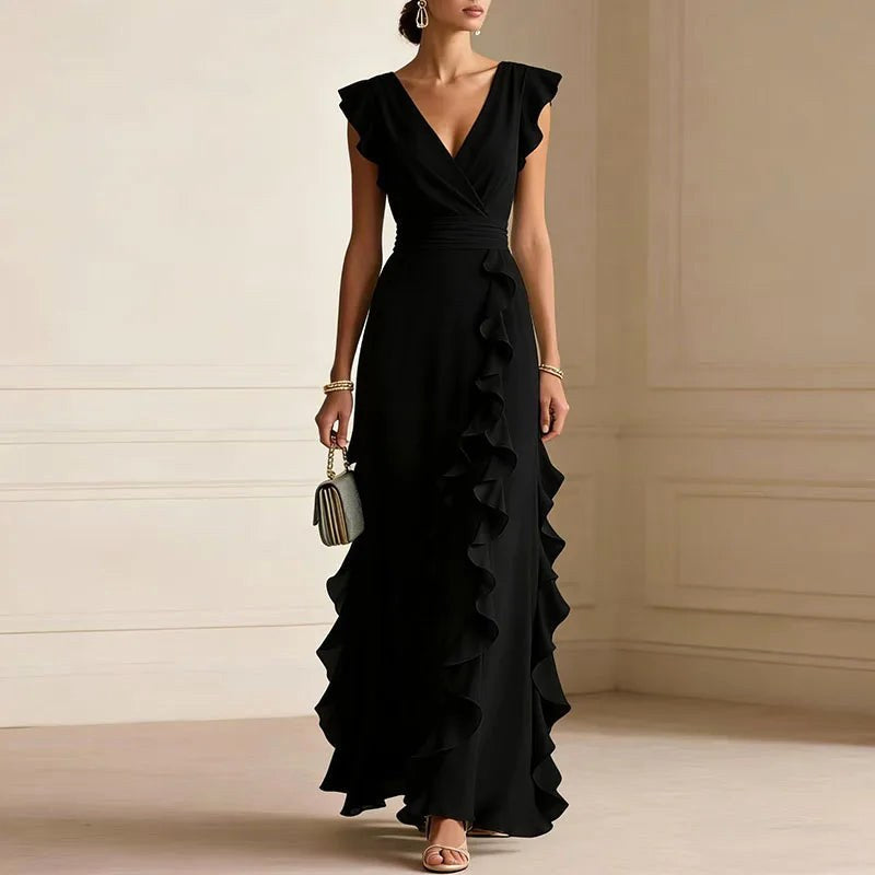 Natalie | Women's Ruffle Trim Maxi Dress, Flattering Summer Dress for Holidays and Everyday Wear, Flattering Summer Dress for Holidays and Everyday Wear - Black