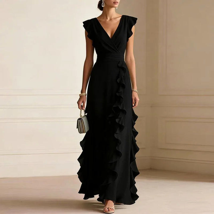 Natalie | Women's Ruffle Trim Maxi Dress - Black