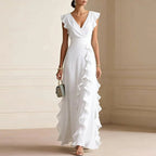 Natalie | Women's Ruffle Trim Maxi Dress, Flattering Summer Dress for Holidays and Everyday Wear, Flattering Summer Dress for Holidays and Everyday Wear - White