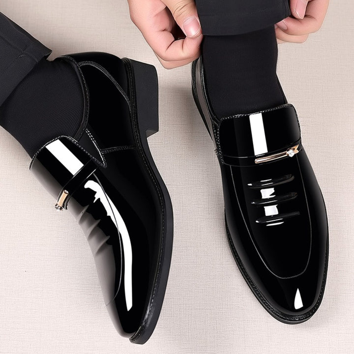 Ned | Men's Patent Leather Loafers, Slip-On Dress Loafers | The Shrader Sisters | Brown