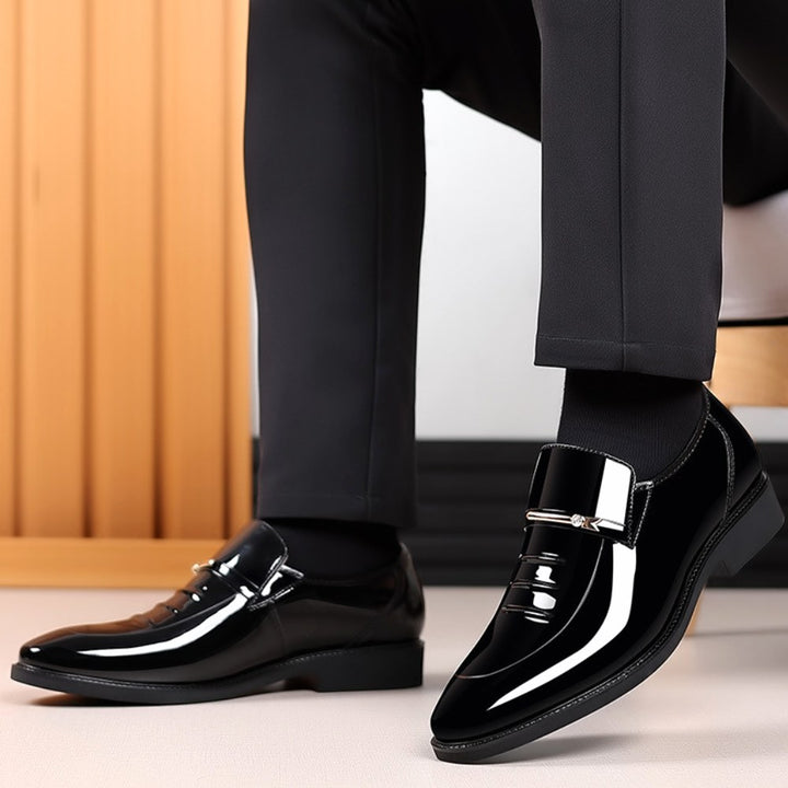 Ned | Men's Patent Leather Loafers, Slip-On Dress Loafers | The Shrader Sisters | Black Brogue