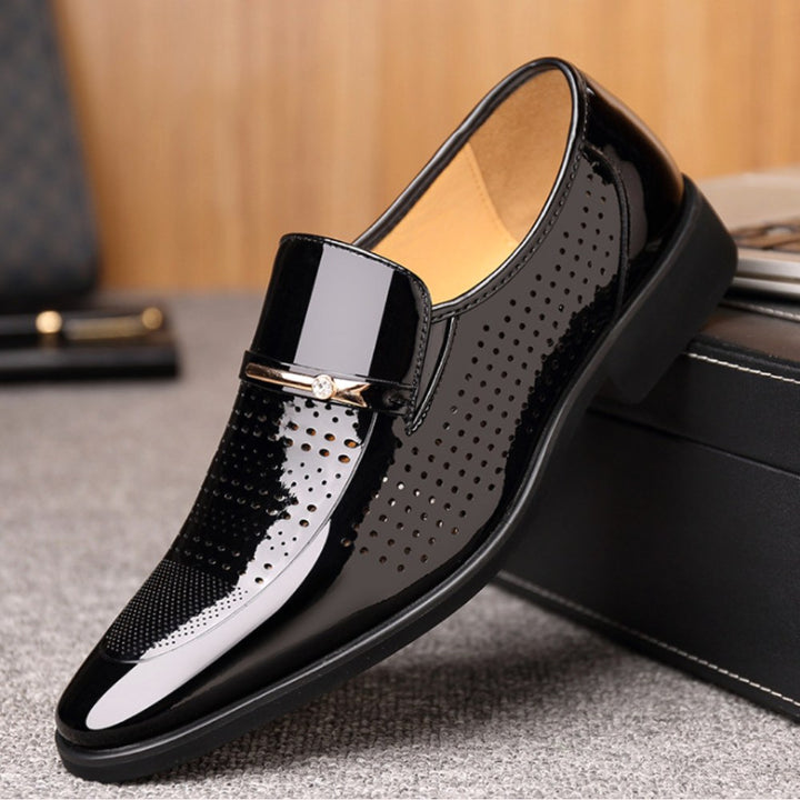 Ned | Men's Patent Leather Loafers, Slip-On Dress Loafers | The Shrader Sisters | Brown Brogue