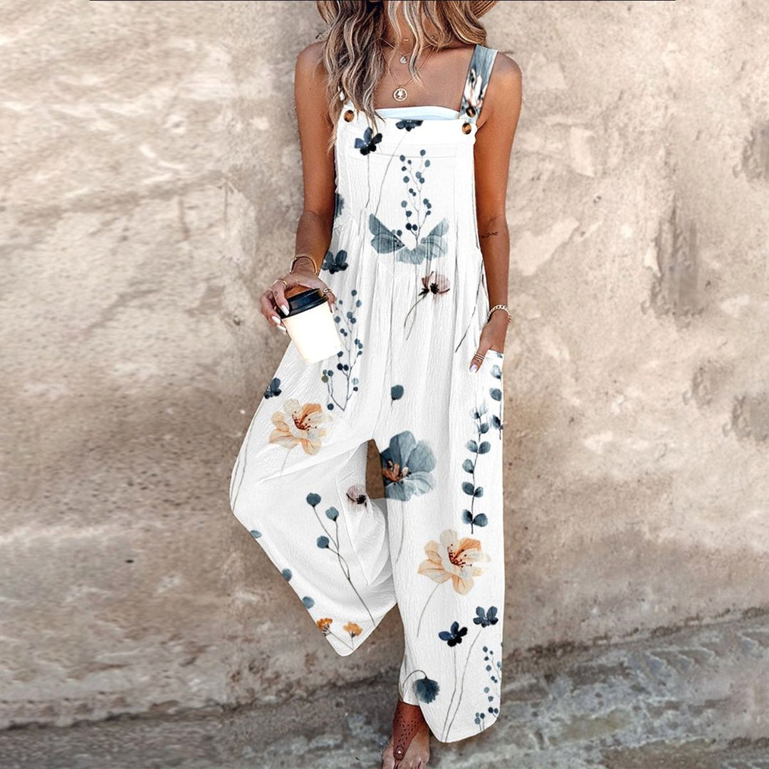 Nerida | Women's Floral Wide-Leg Jumpsuit, Square-Neck Sleeveless Jumpsuit | The Shrader Sisters | White