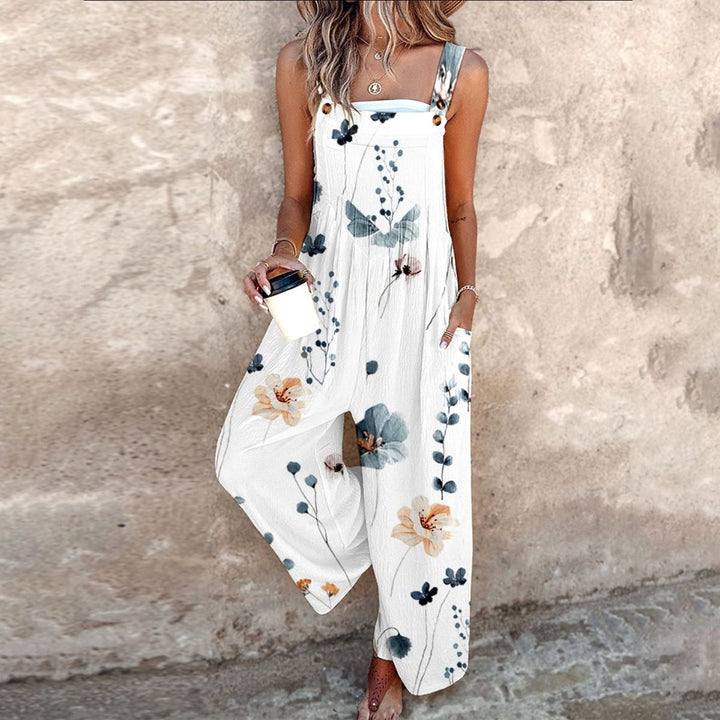 Nerida | Women's Floral Wide-Leg Jumpsuit, Square-Neck Sleeveless Jumpsuit | The Shrader Sisters | White