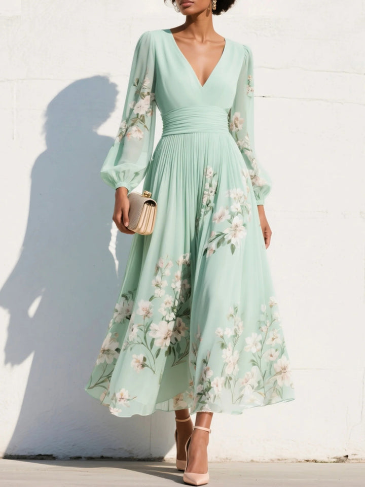 Nicola | Women's V-Neck Chiffon Floral Midi Dress - Light Green