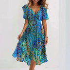 Nicole | Women's Vibrant Midi Dress, Elegant Occasion Dress | The Shrader Sisters | Verloop Blauw