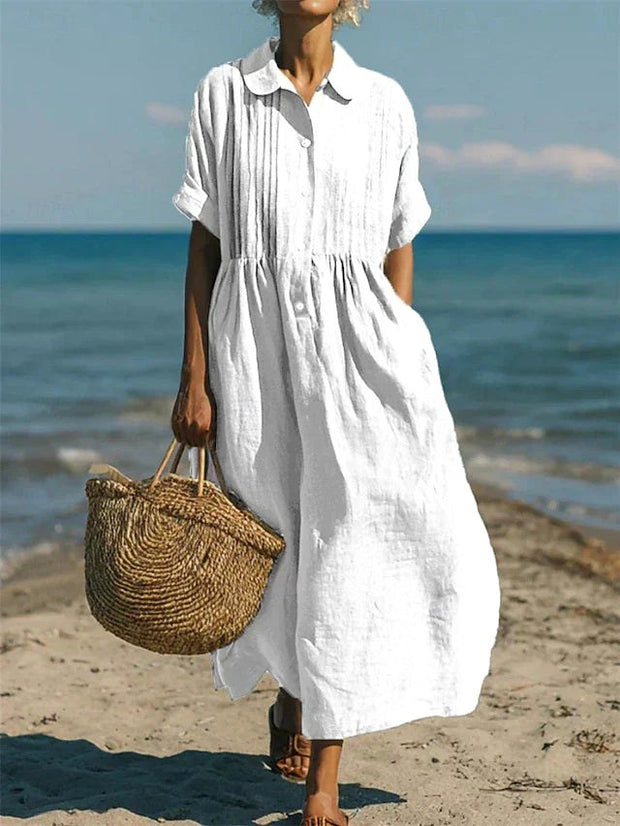 Nikita | Women's Collared Button Midi Dress, Cotton Shirt Dress | The Shrader Sisters | White