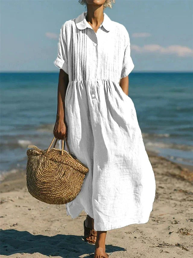 Nikita | Women's Collared Button Midi Dress, Cotton Shirt Dress | The Shrader Sisters | White