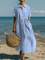 Nikita | Women's Collared Button Midi Dress, Cotton Shirt Dress | The Shrader Sisters | Light Blue