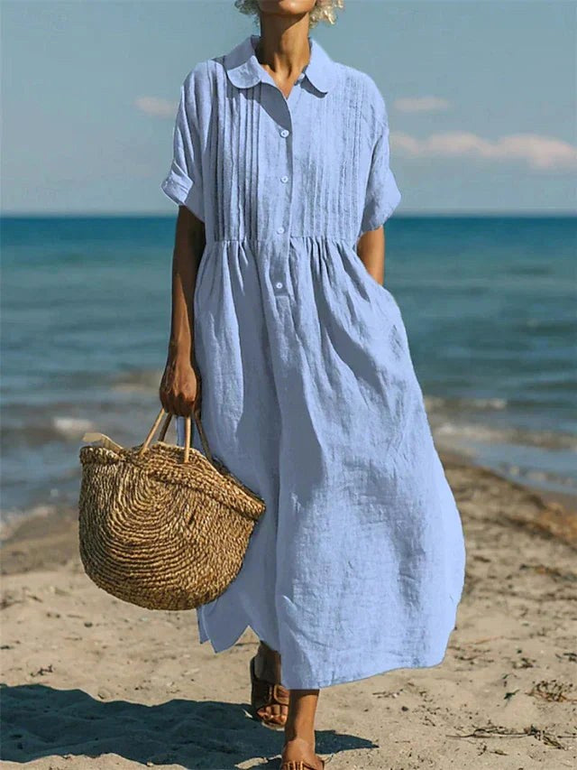 Nikita | Women's Collared Button Midi Dress, Cotton Shirt Dress | The Shrader Sisters | Light Blue