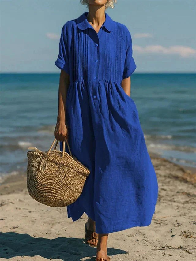 Nikita | Women's Collared Button Midi Dress, Cotton Shirt Dress | The Shrader Sisters | Blue