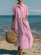 Nikita | Women's Collared Button Midi Dress, Cotton Shirt Dress | The Shrader Sisters | Pink