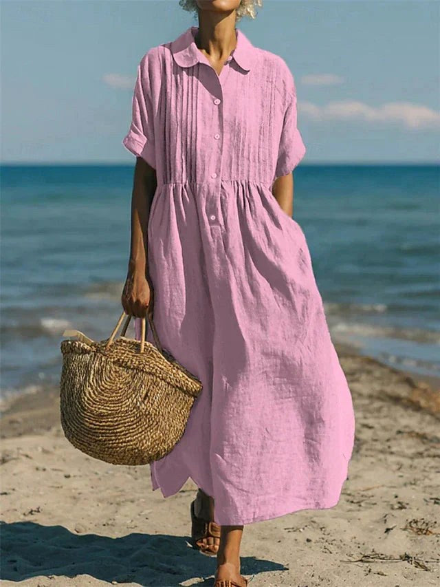 Nikita | Women's Collared Button Midi Dress, Cotton Shirt Dress | The Shrader Sisters | Pink