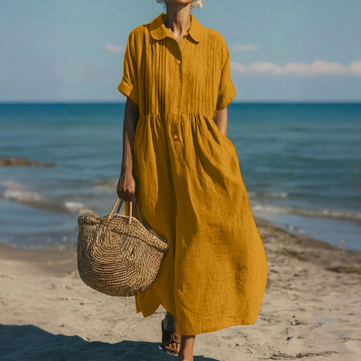 Nikita | Women's Collared Button Midi Dress, Cotton Shirt Dress | The Shrader Sisters | Orange