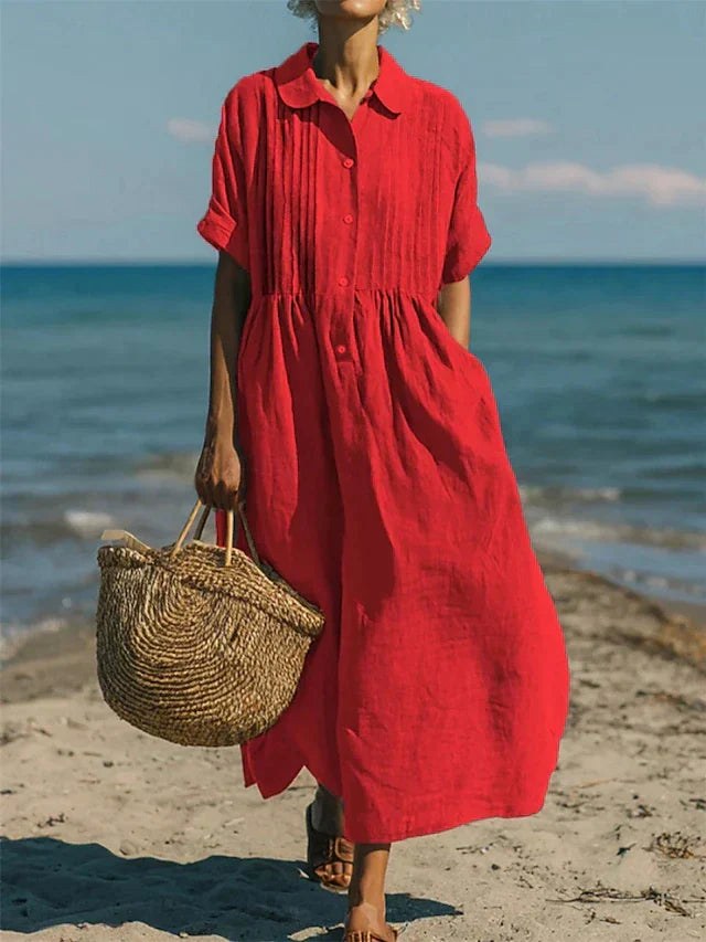 Nikita | Women's Collared Button Midi Dress, Cotton Shirt Dress | The Shrader Sisters | Red
