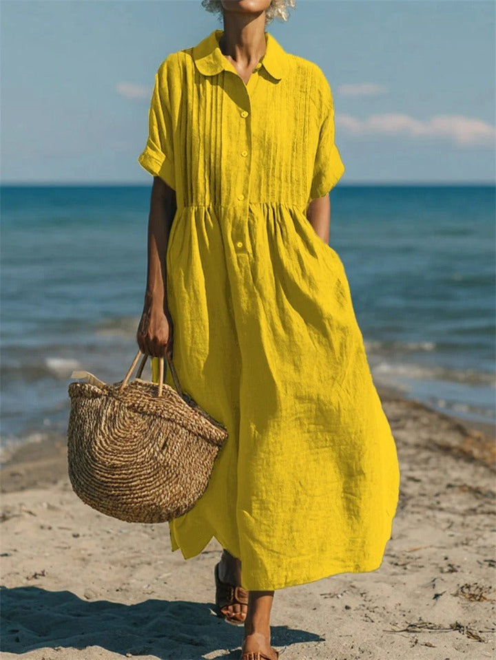 Nikita | Women's Collared Button Midi Dress, Cotton Shirt Dress | The Shrader Sisters | Yellow