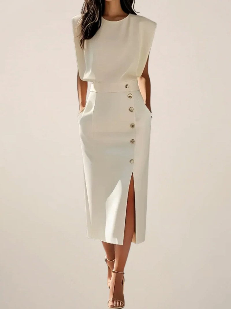 Nina | Women's Midi Dress with Side Slit - Cream